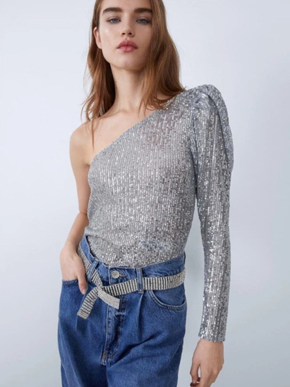 Zara Silver Sequined One Shoulder Long Sleeve Bodysuit Women's Size Large